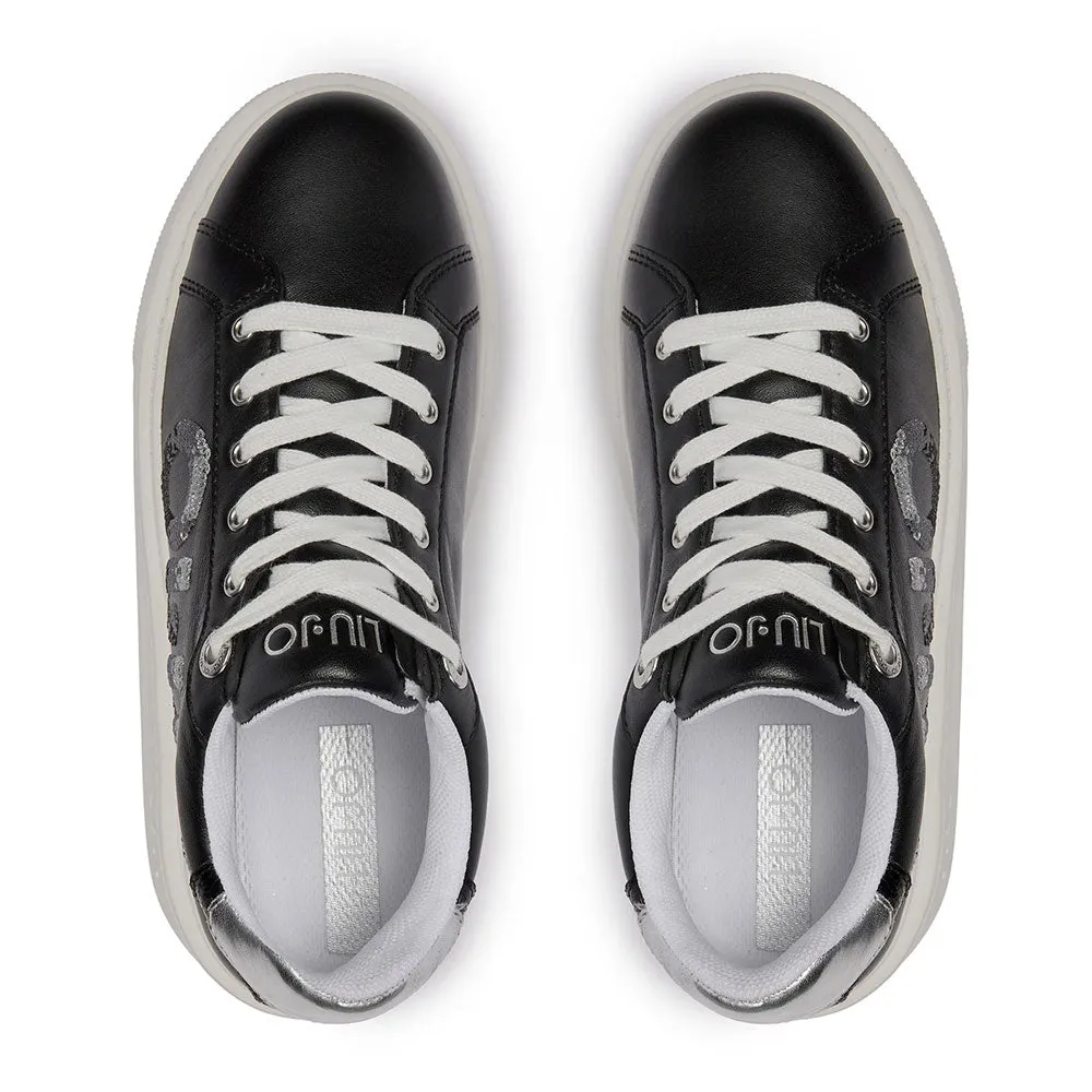 Scarpe Donna LIU JO Kylie 22 Sneakers Platform in Pelle Nera con Maxi Logo in Paillettes Glitter