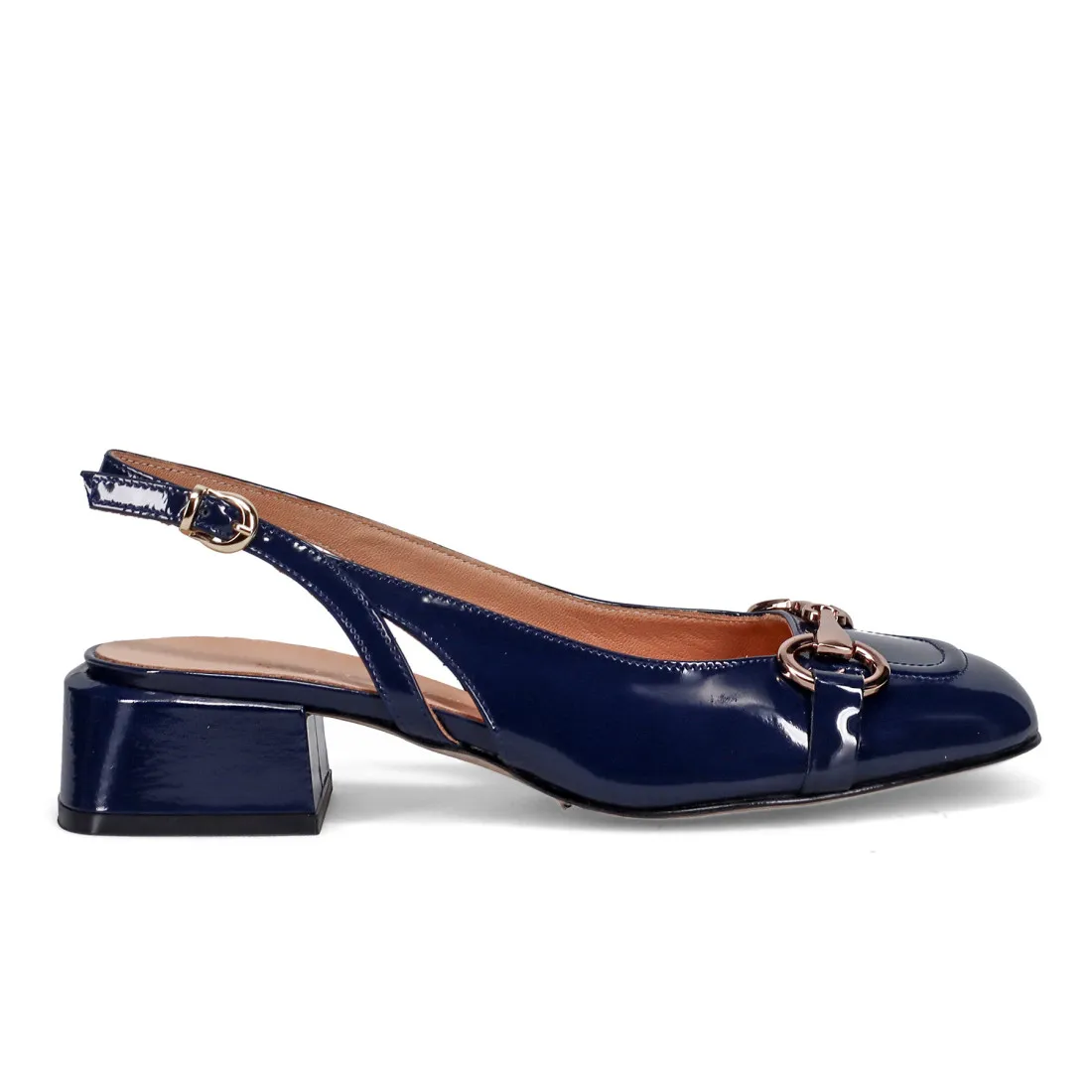 Slinback Sangiorgio in pelle lucida blu con morsetto oro
