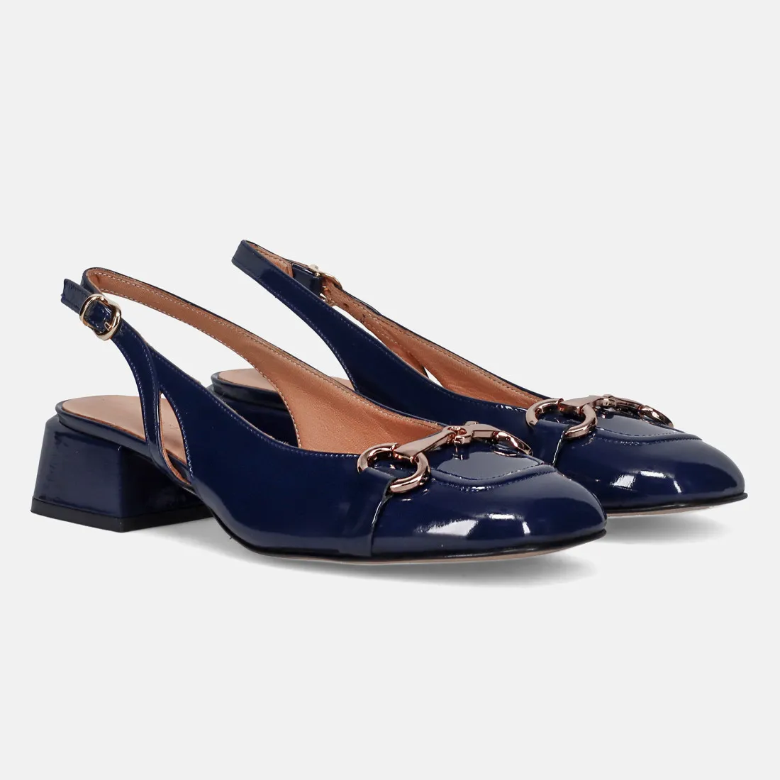 Slinback Sangiorgio in pelle lucida blu con morsetto oro