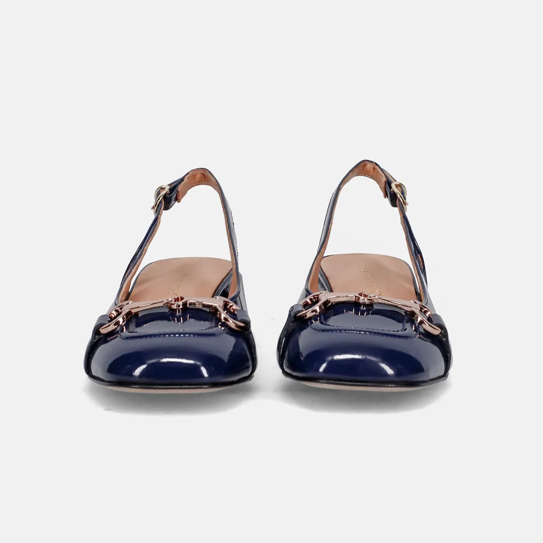 Slinback Sangiorgio in pelle lucida blu con morsetto oro