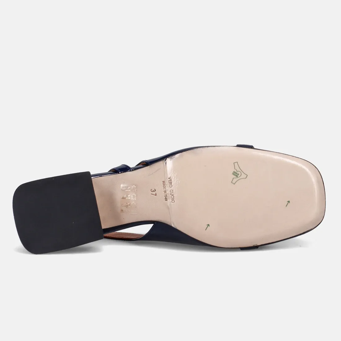 Slinback Sangiorgio in pelle lucida blu con morsetto oro