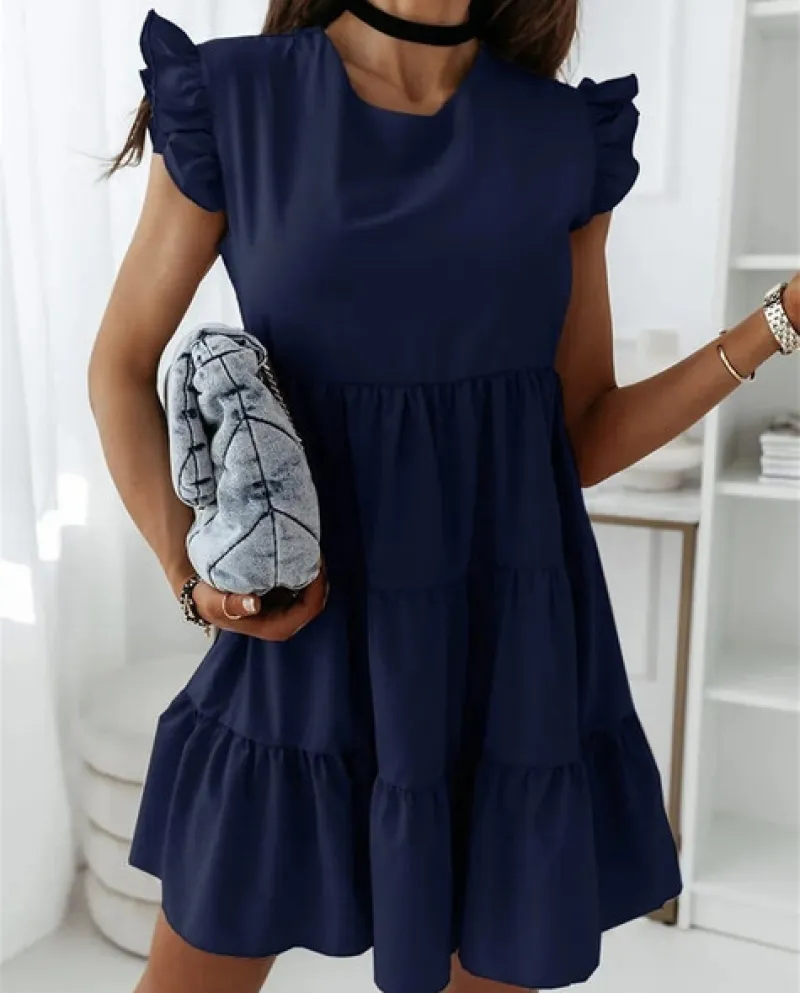 Solid Casual Loose Dress Summer Women New Butterfly Sleeve Ruffles A Line Abiti Patchwork Donna Office Beach Sundres