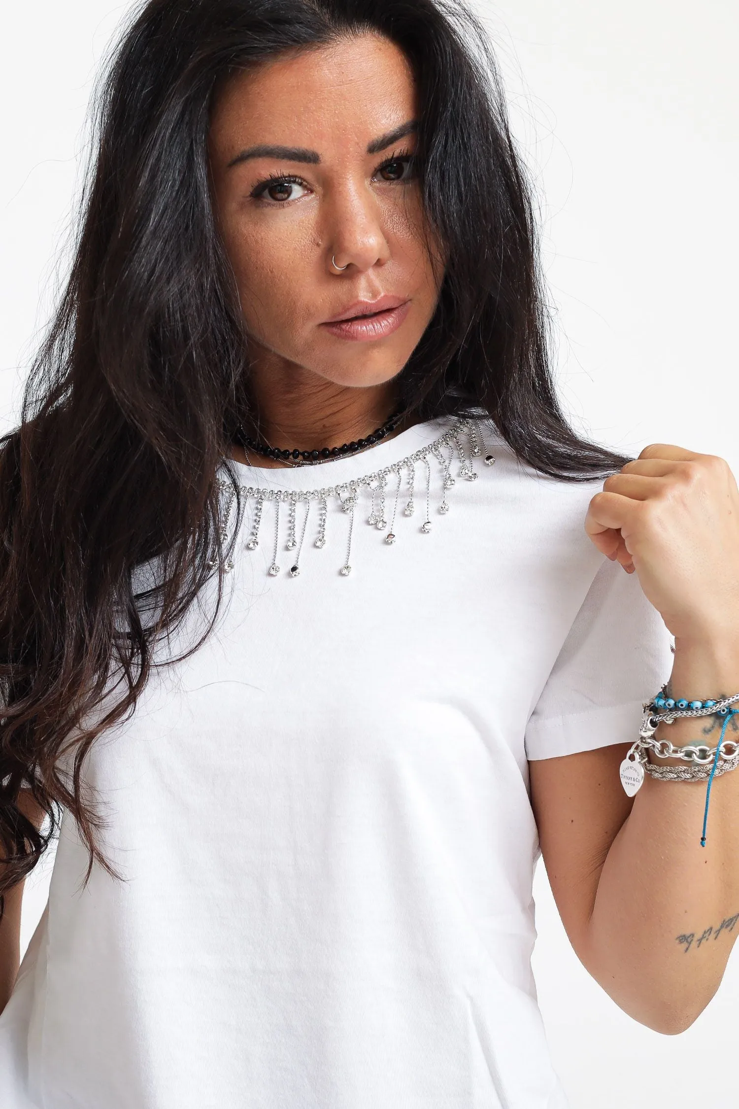 T-shirt Girocollo Pendenti Strass - Naturale