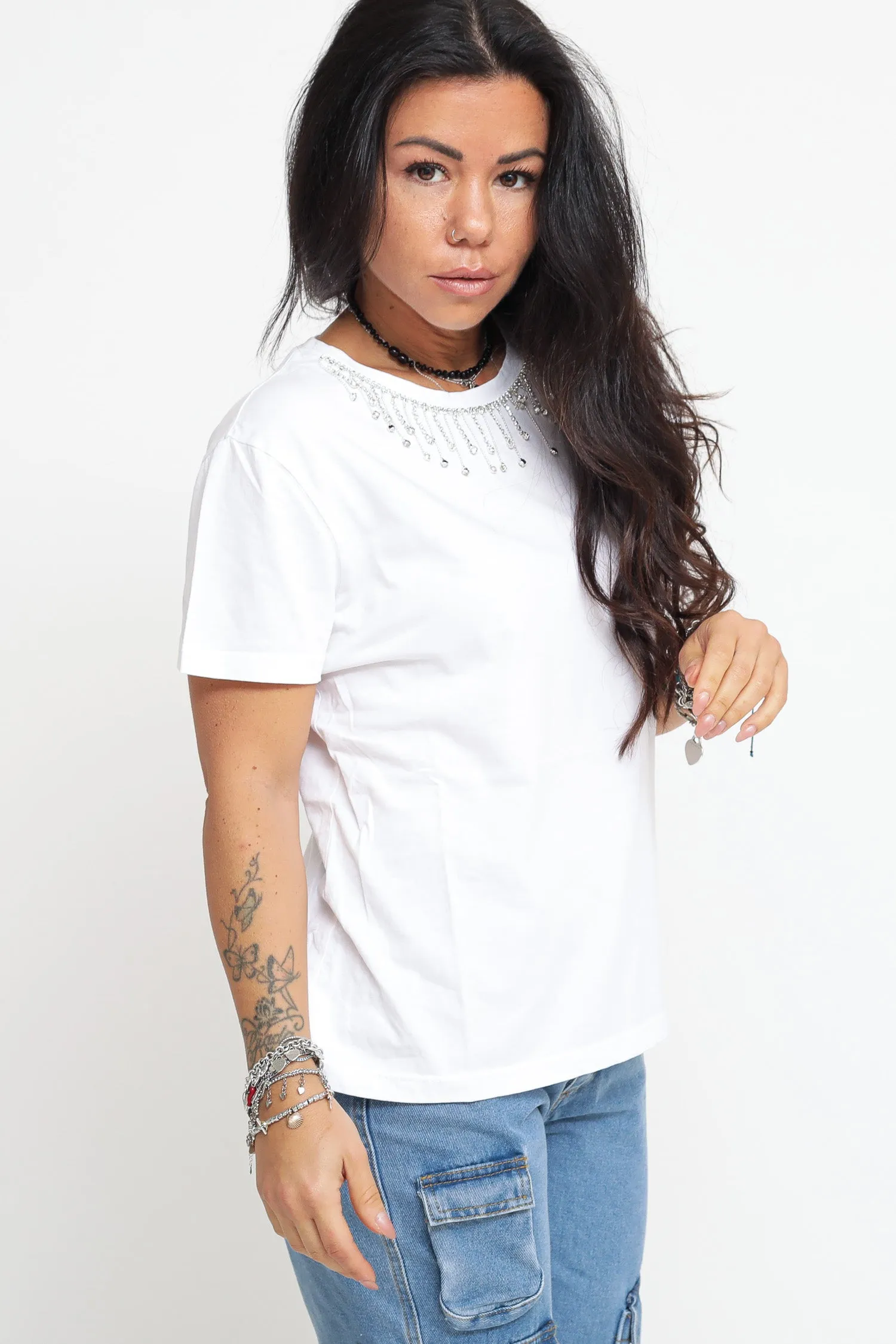 T-shirt Girocollo Pendenti Strass - Naturale