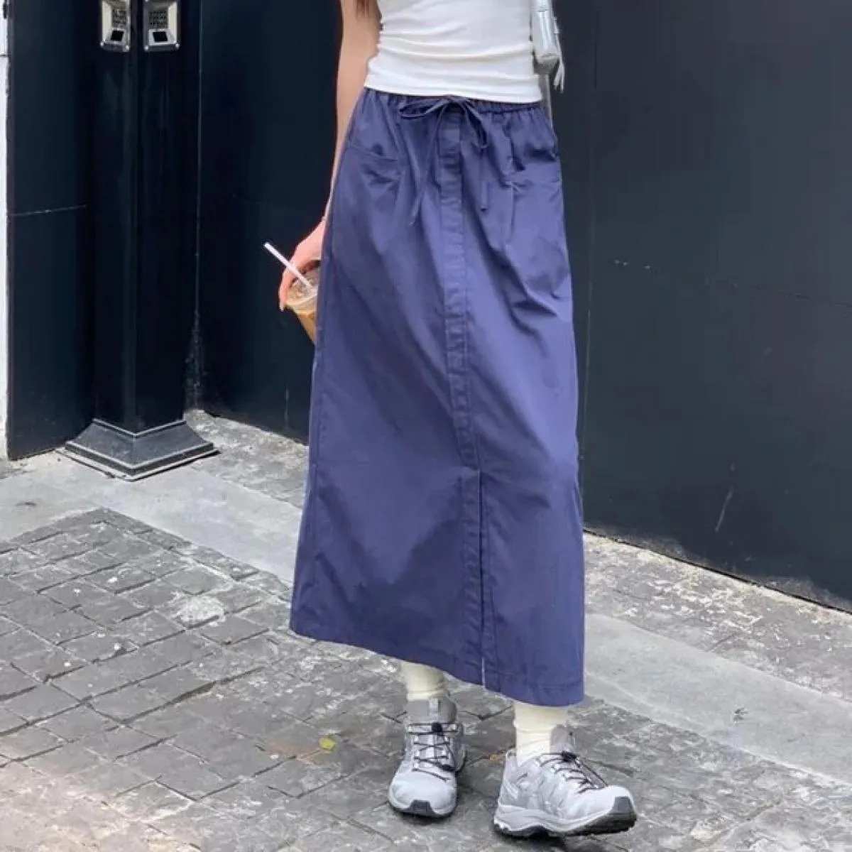 Xpqbb Vintage Streetwear Cargo Gonne Donna Estate 2023 Nuovo All Match Gonna lunga a vita alta Donna  Coulisse Midi Sk