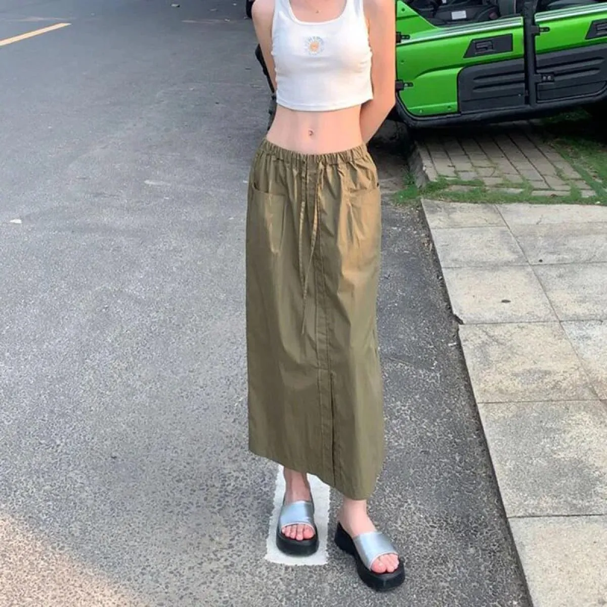 Xpqbb Vintage Streetwear Cargo Gonne Donna Estate 2023 Nuovo All Match Gonna lunga a vita alta Donna  Coulisse Midi Sk