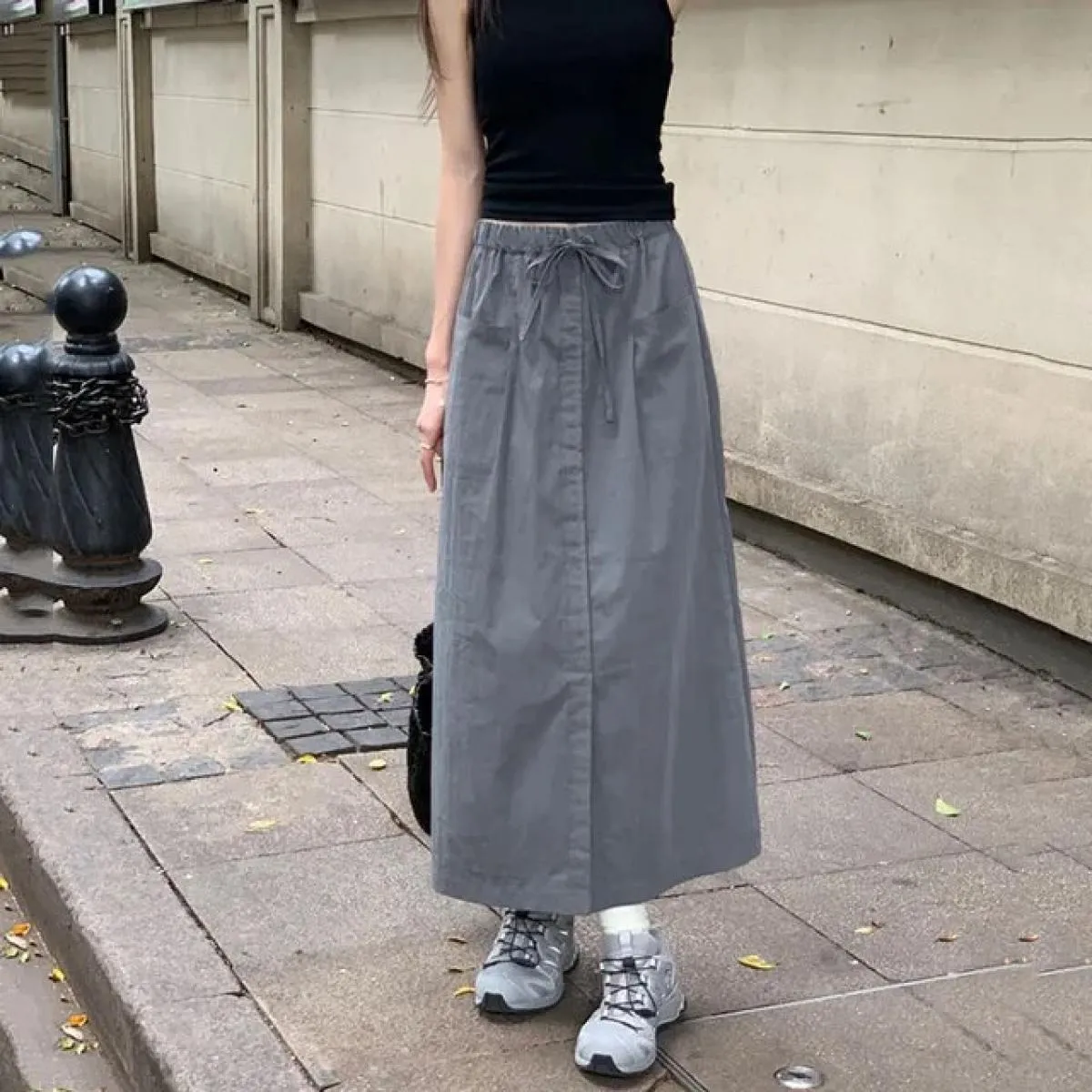 Xpqbb Vintage Streetwear Cargo Gonne Donna Estate 2023 Nuovo All Match Gonna lunga a vita alta Donna  Coulisse Midi Sk