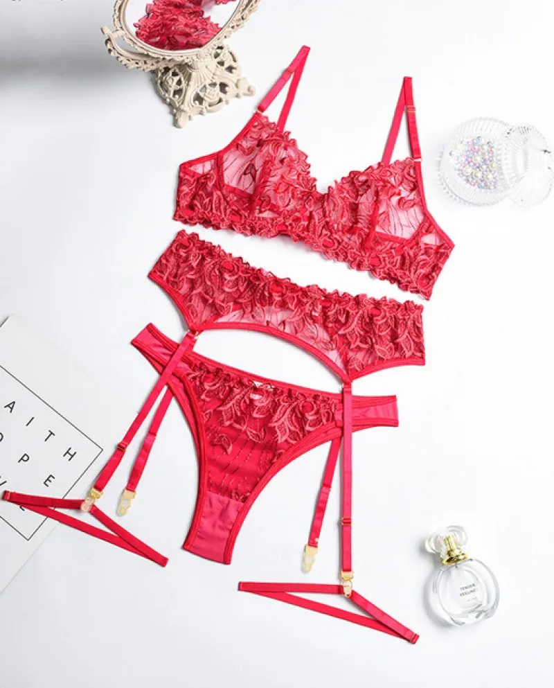 Yimunancy Set di 3 pezzi di reggiseno di pizzo Set di biancheria intima da donna con ricamo floreale Set di biancheria intima da