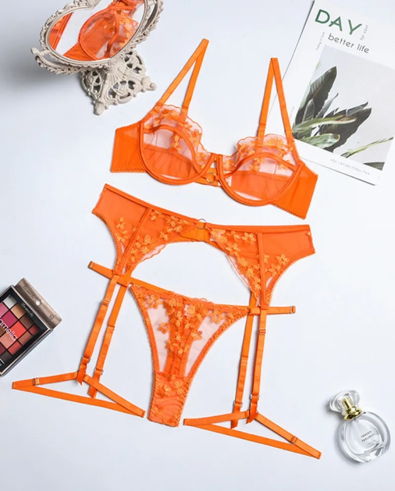 Yimunancy Set di 3 pezzi di reggiseno di pizzo Set di biancheria intima floreale da donna Set di lingerie arancione da donna con