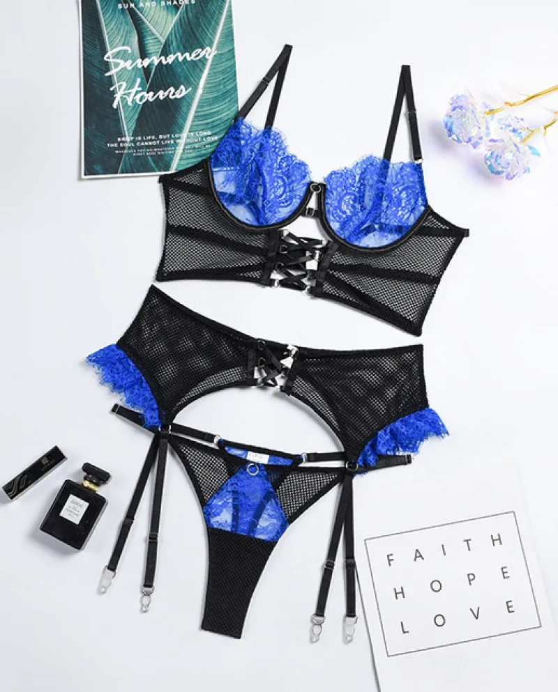 Yimunancy Set di 3 pezzi di reggiseno di pizzo Set di mutandine da donna con fasciatura Set di lingerie blu gotico