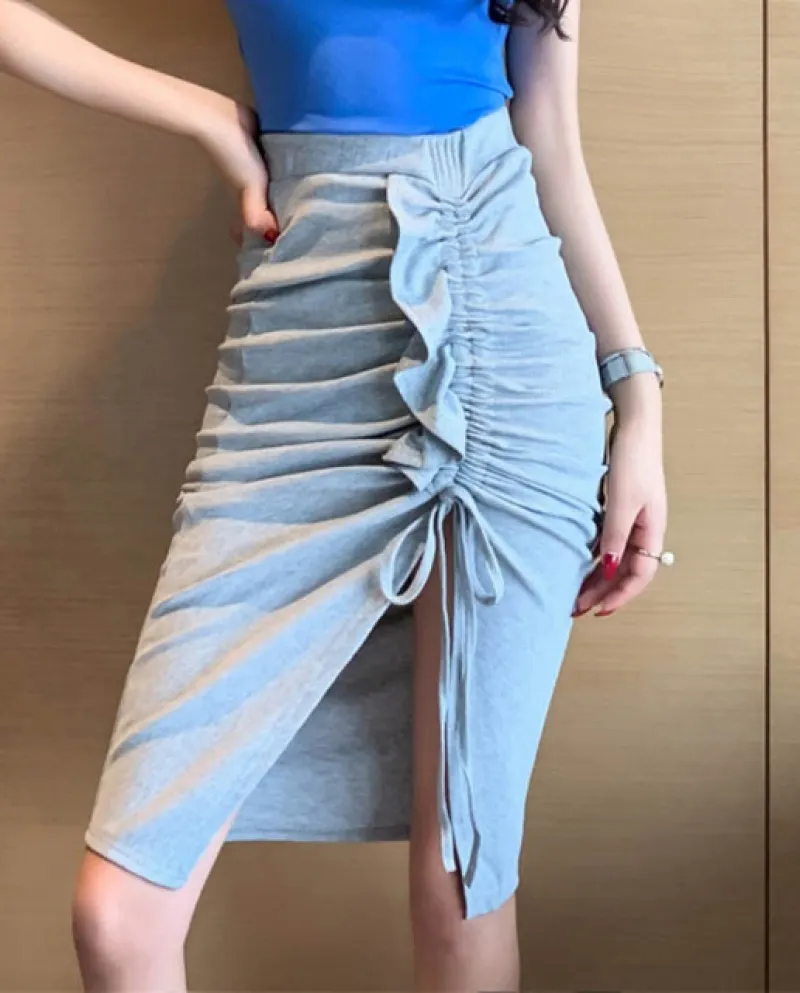 Zoki Split Fork Donne Midi Gonne Moda Shirring Vita Alta Progettato Sottile Puro Cotone Gonna Casual Gonne Mujerskirt